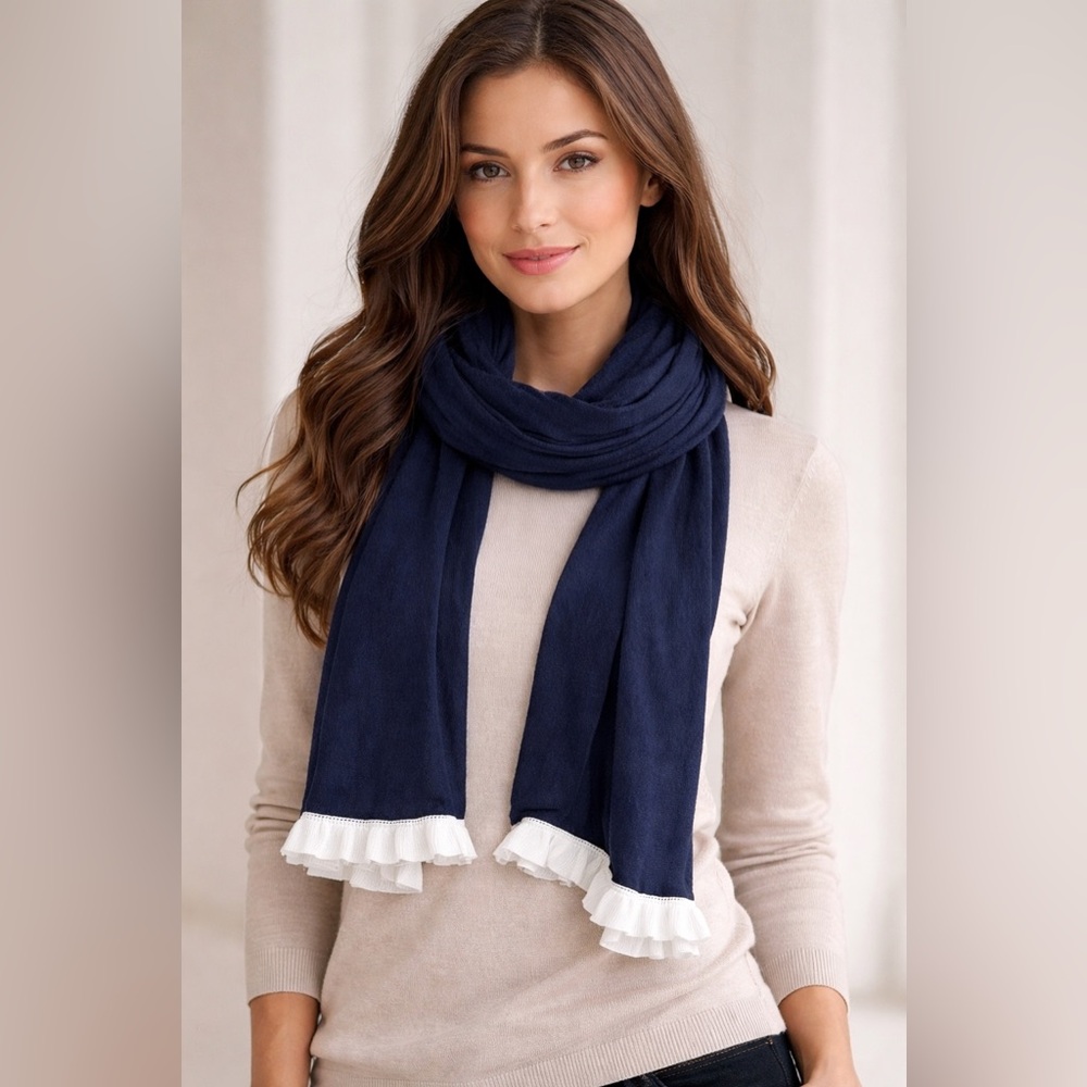 ALASHAN Cotton Cashmere Long Elegant Navy Blue Scarf with White Ruffle Trim NWT